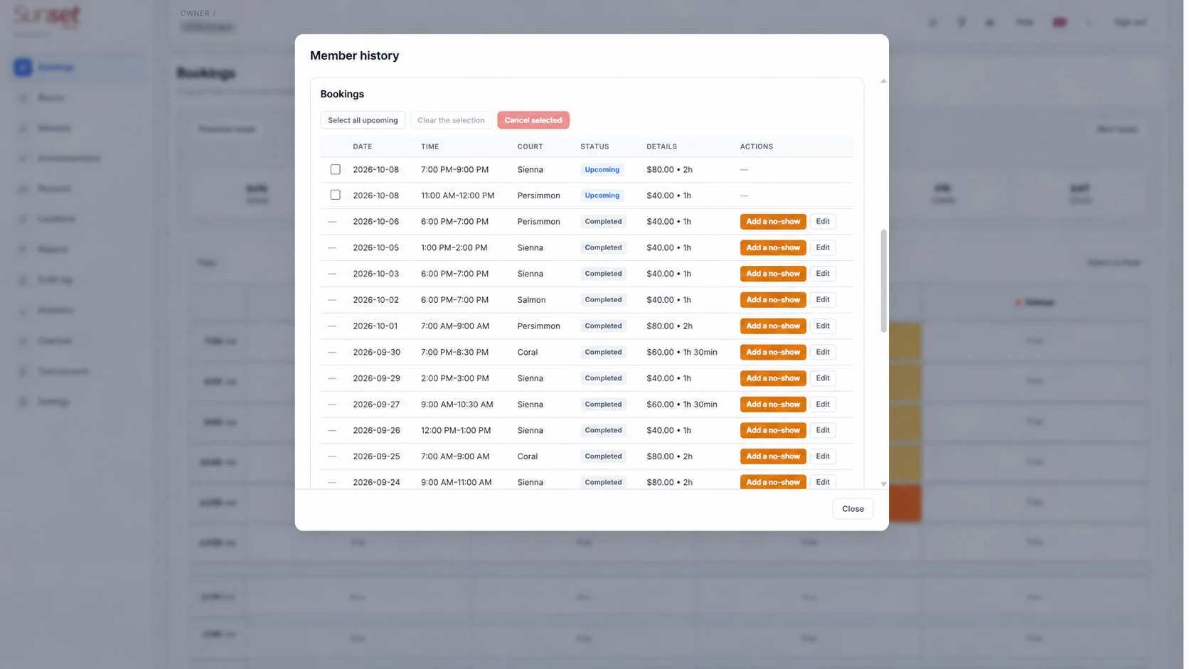 Sunset Padel club console, member history: a table of one member's bookings with date, time, court, status, price and duration, and actions to add a no-show, edit or cancel upcoming bookings.