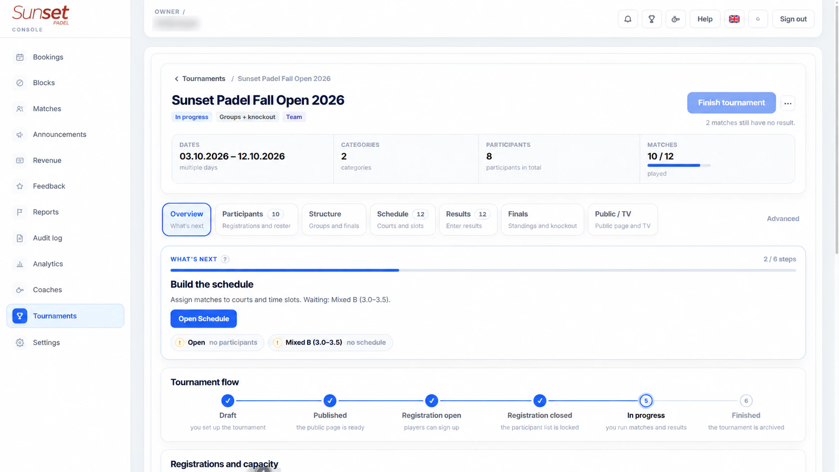 Sunset Padel club console, tournament overview for the Sunset Padel Fall Open 2026: dates, categories, participants and matches played, tabs for participants, structure, schedule, results, finals and the public page, the next step and the tournament flow.