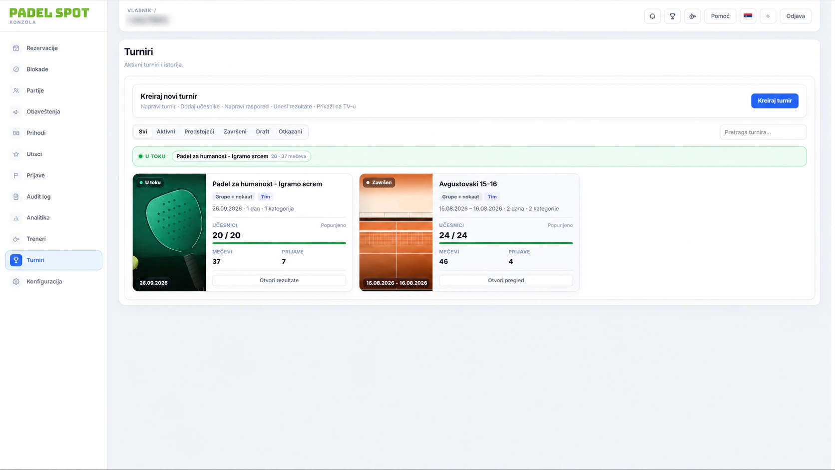 PadelSpot club console, Tournaments page in Serbian: a bar to create a tournament, status filters and two tournament cards with participants, matches and registrations.