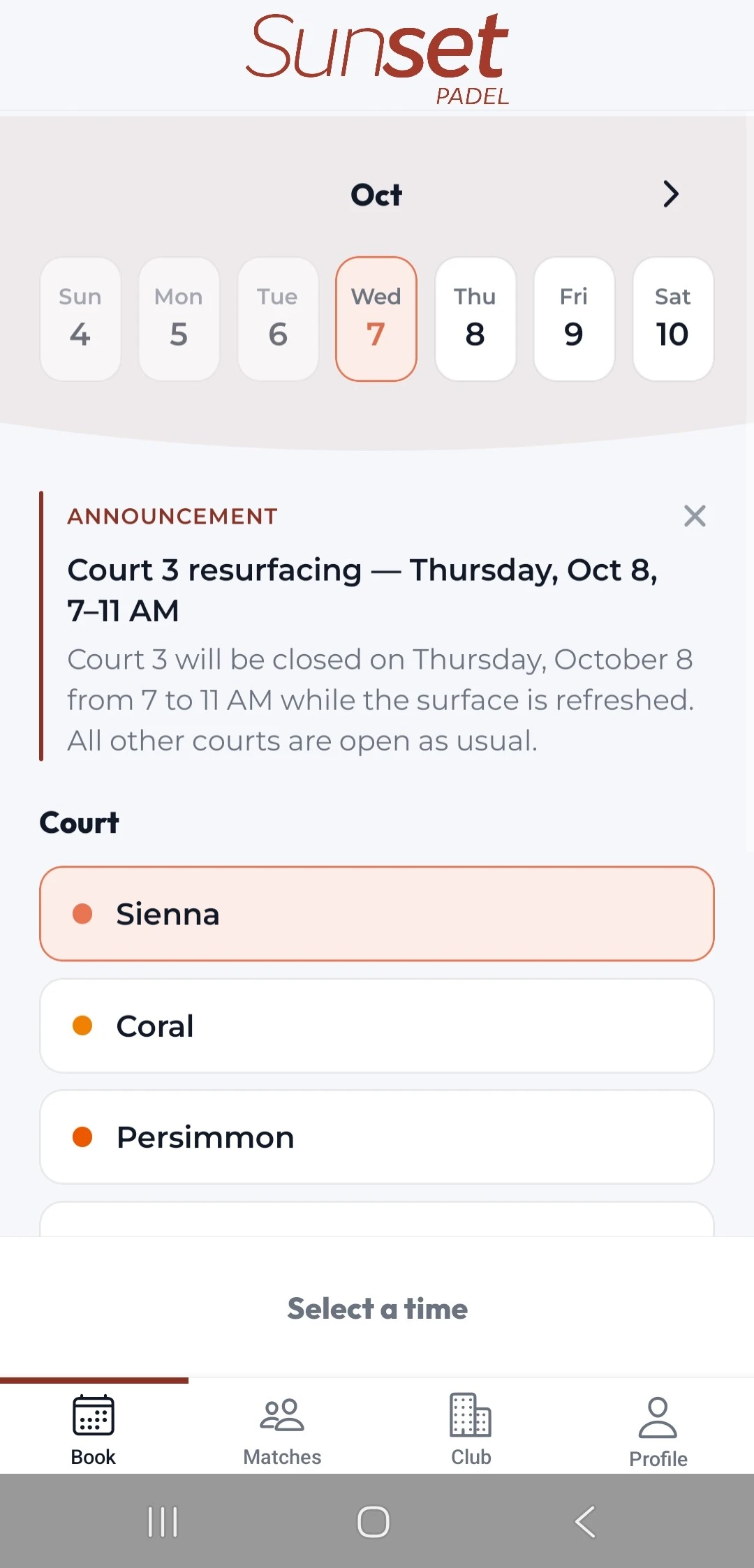 Sunset Padel app, Book screen: the October date strip, a club announcement about court resurfacing and the list of courts.