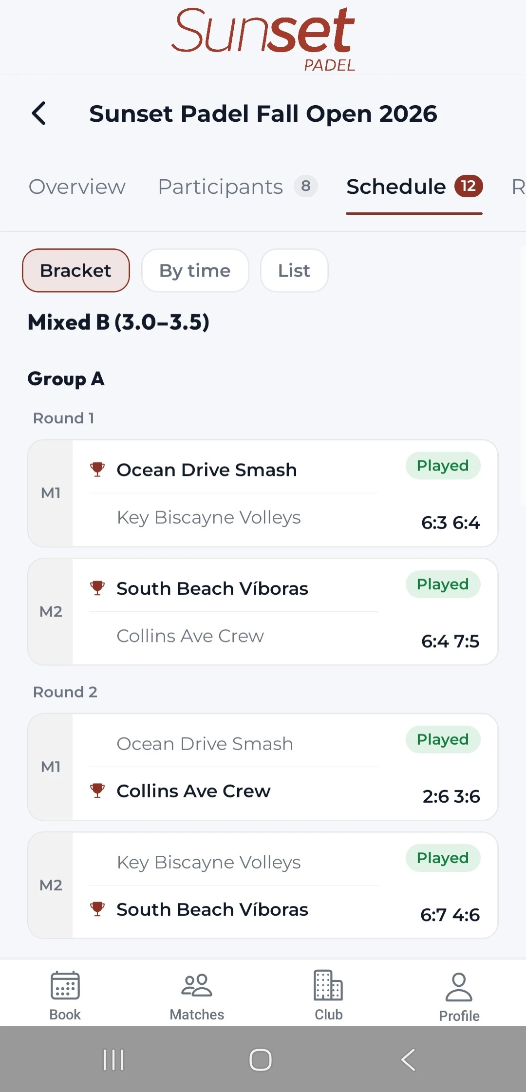Sunset Padel app, tournament schedule for the Sunset Padel Fall Open 2026: the Mixed B category, group A, rounds one and two with played matches and set scores.
