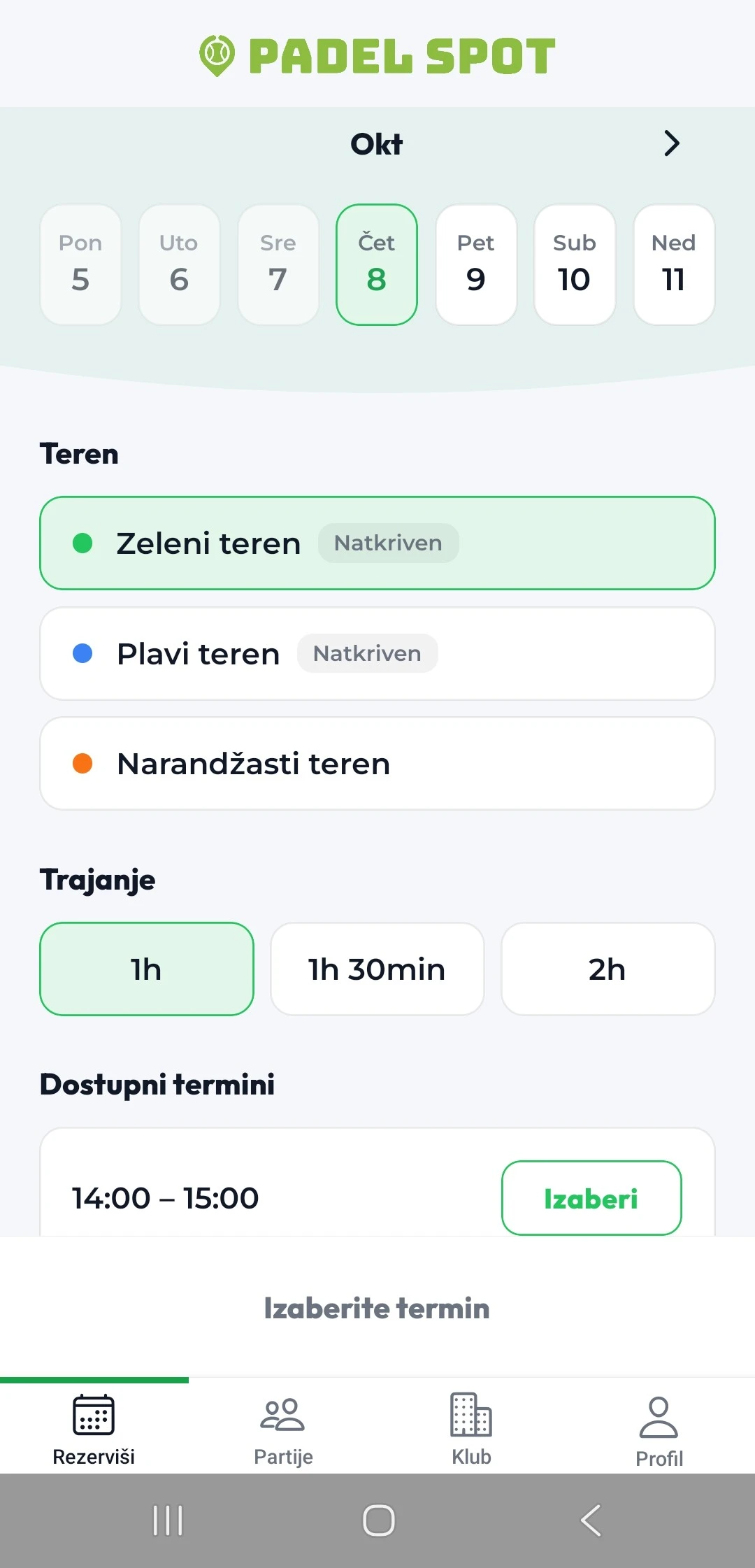 PadelSpot app, Book screen in Serbian: the October date strip, three courts, a duration choice and an available slot.