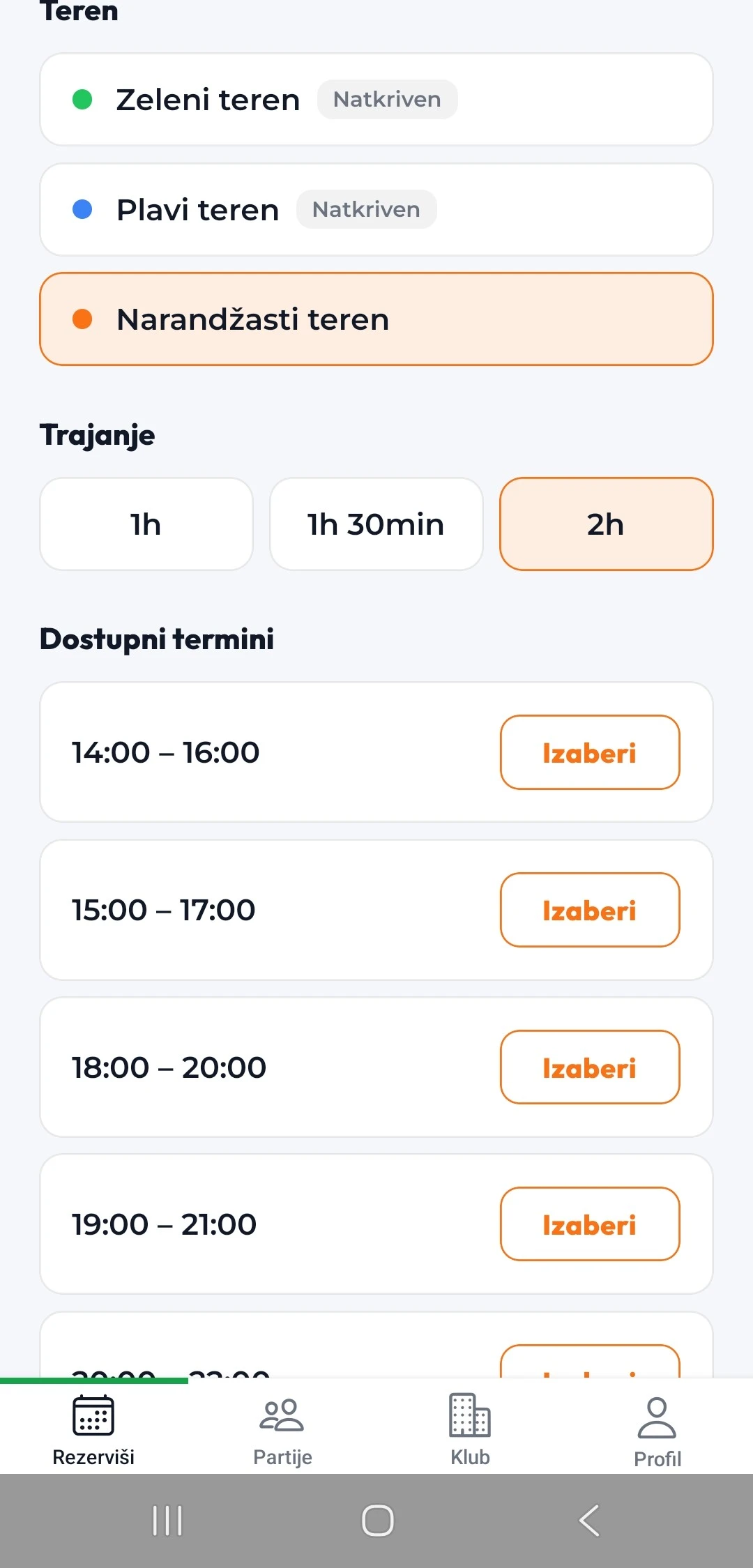 PadelSpot app, Book screen in Serbian: the orange court and a two-hour duration selected, with a list of available evening slots.
