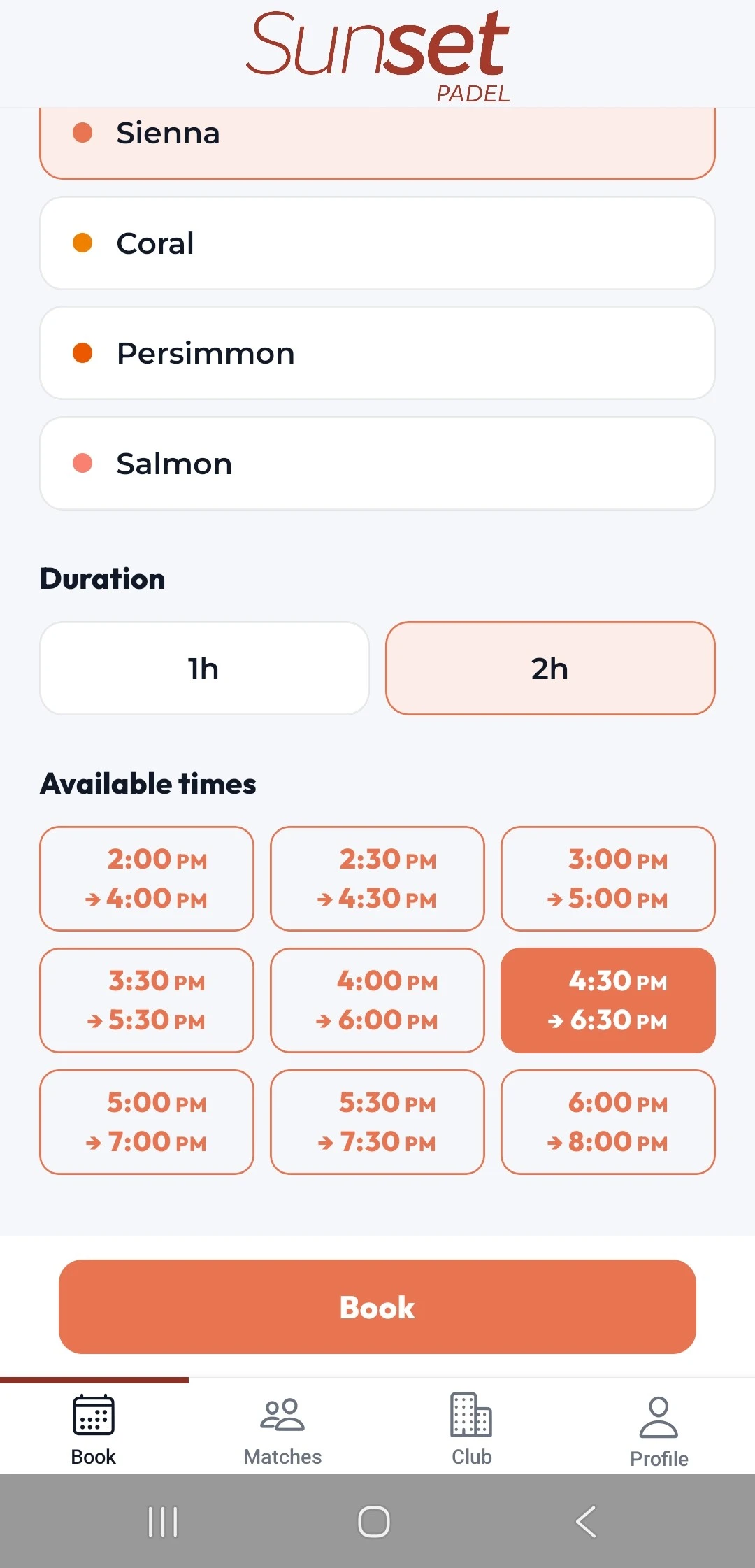 Sunset Padel app, Book screen: a list of four courts with Sienna selected, a 1h or 2h duration choice, a grid of available afternoon times and the Book button.