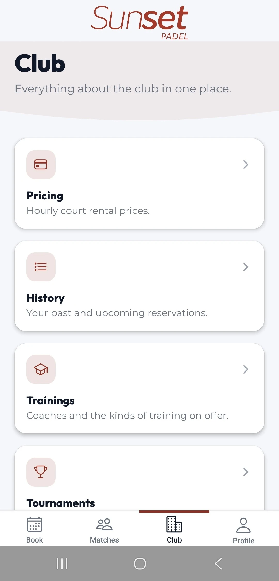 Sunset Padel app, Club screen: everything about the club in one place, with pricing, history, trainings and tournaments.