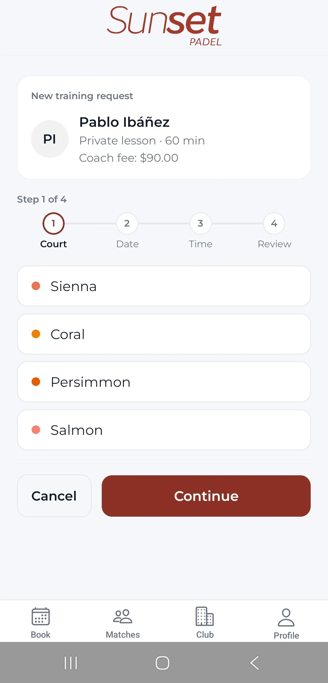 Sunset Padel app, new training request: a private 60-minute lesson with coach Pablo Ibáñez, step 1 of 4 with the court choice, followed by date, time and review.